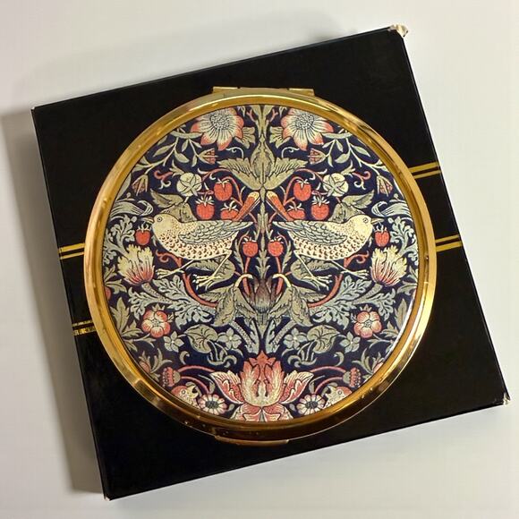 Stratton Powder Compact Mirror Strawberry Thief William Morris Gold Tone Birds - Picture 2 of 10